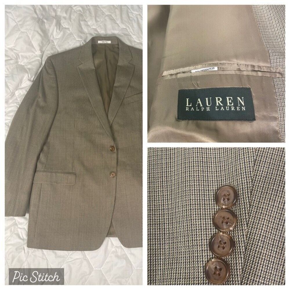 Lauren Ralph Lauren‎ Mens Blazer 46L Brown Silk Wool Check 2 Button Single Vent